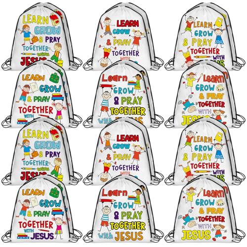 Kacctyen 24 Pcs Religious Drawstring Bags Christian Learn Grow Pray Together with Jesus Drawstring Bags Bulk Christian Bible Verse Religious Gift Bags for Sunday School Church Themed Party Favors,