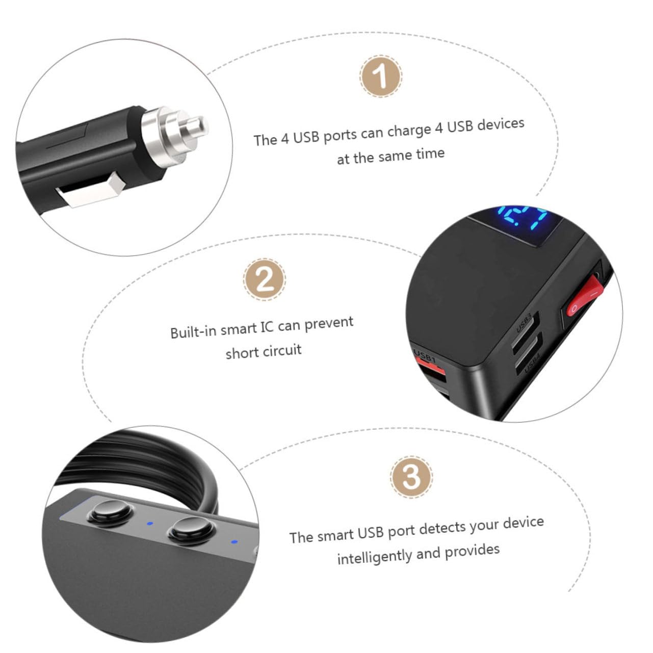 SHINEOFI Cargador de Coche con USB y Salidas de Adaptador Divisor de Carga Compatible Mayoría de Vehículos con Interruptor Independiente para