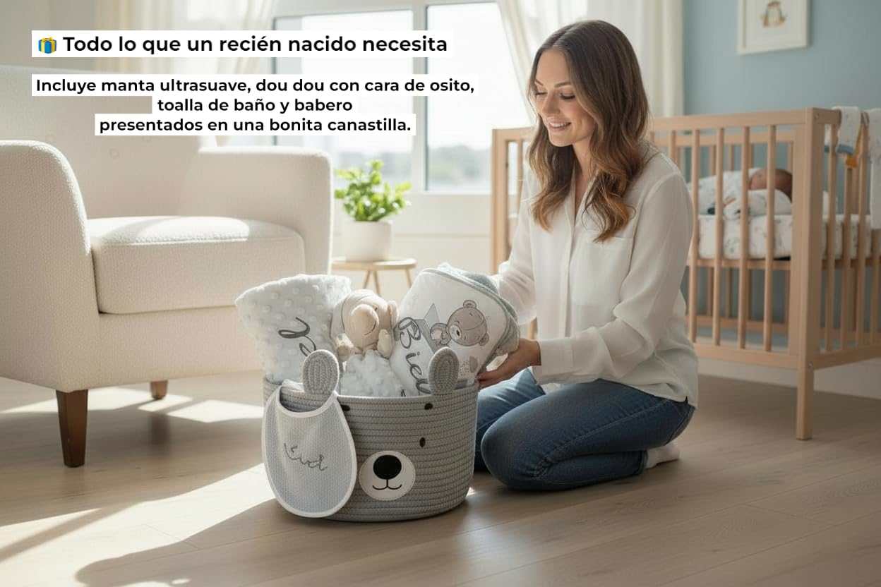 Danielstore Canastilla Bebé Personalizada | Set Regalo para Recién Nacido, 50% algodón 50% poliéster | Incluye manta, dou dou, toalla baño, babero Cat gris