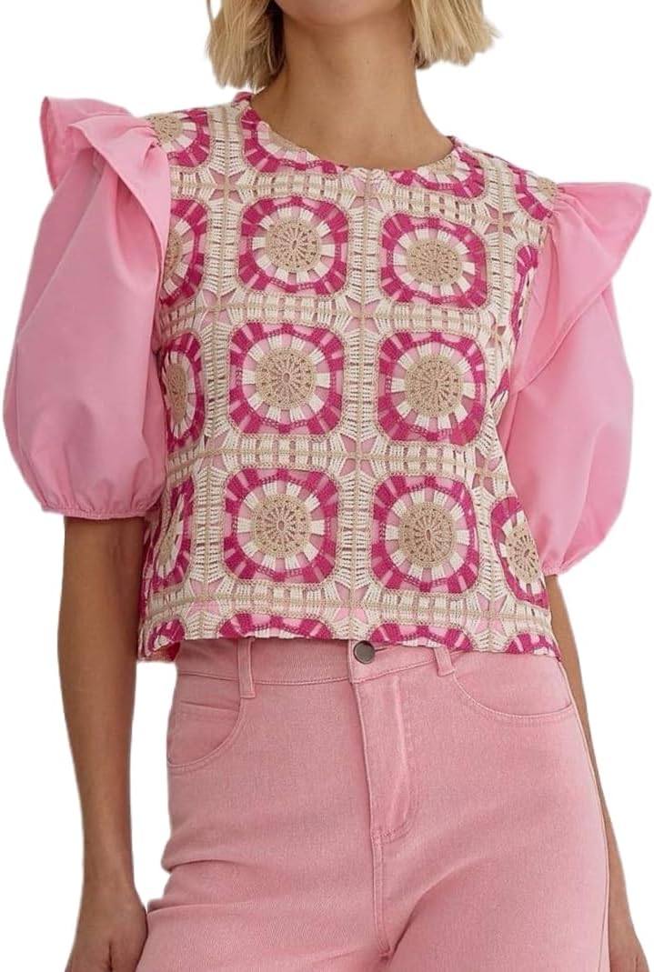 Women Crochet Crop Tops Summer Floral Eyelet Cute Ruffle Sleeve Round Neck Boho Dressy Casual T Shirts