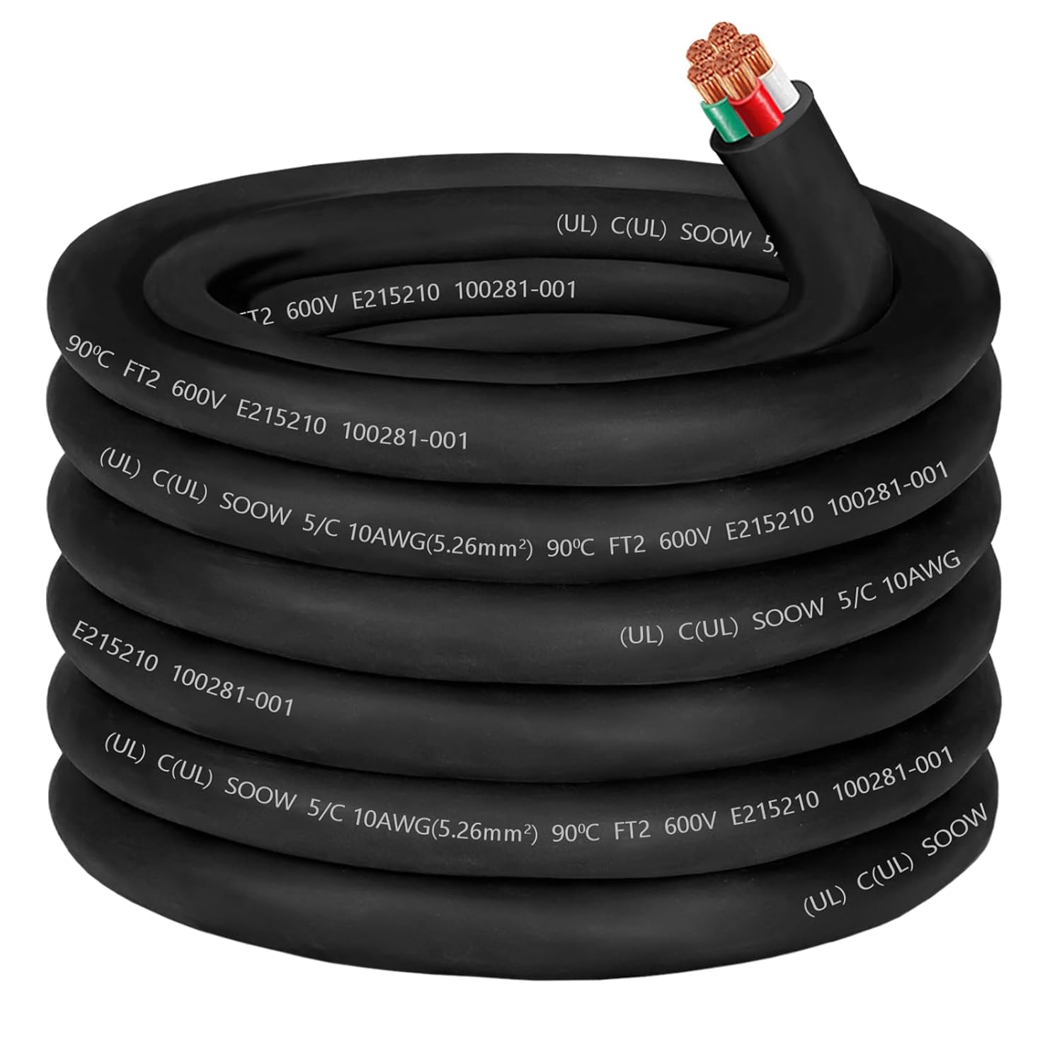 10/5 AWG SOOW Wire 10 Gauge Portable Power Cable 600V 5 Conductor 10/5 10 Gauge SOOW Extension Cord Electric Wire for Motor Lead,Generator,Welder,NEMA 14-30 RV Outlet Box,EV Car Battery Charger-50ft