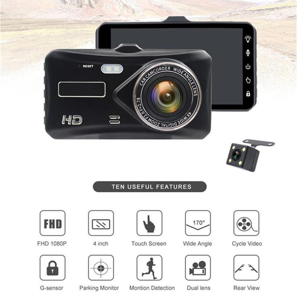 Dash cam con schermo da 4 pollici e notturna per registrazioni | giorno e di notte, con doppia registrazione anteriore e posteriore e funzione di retromarcia.