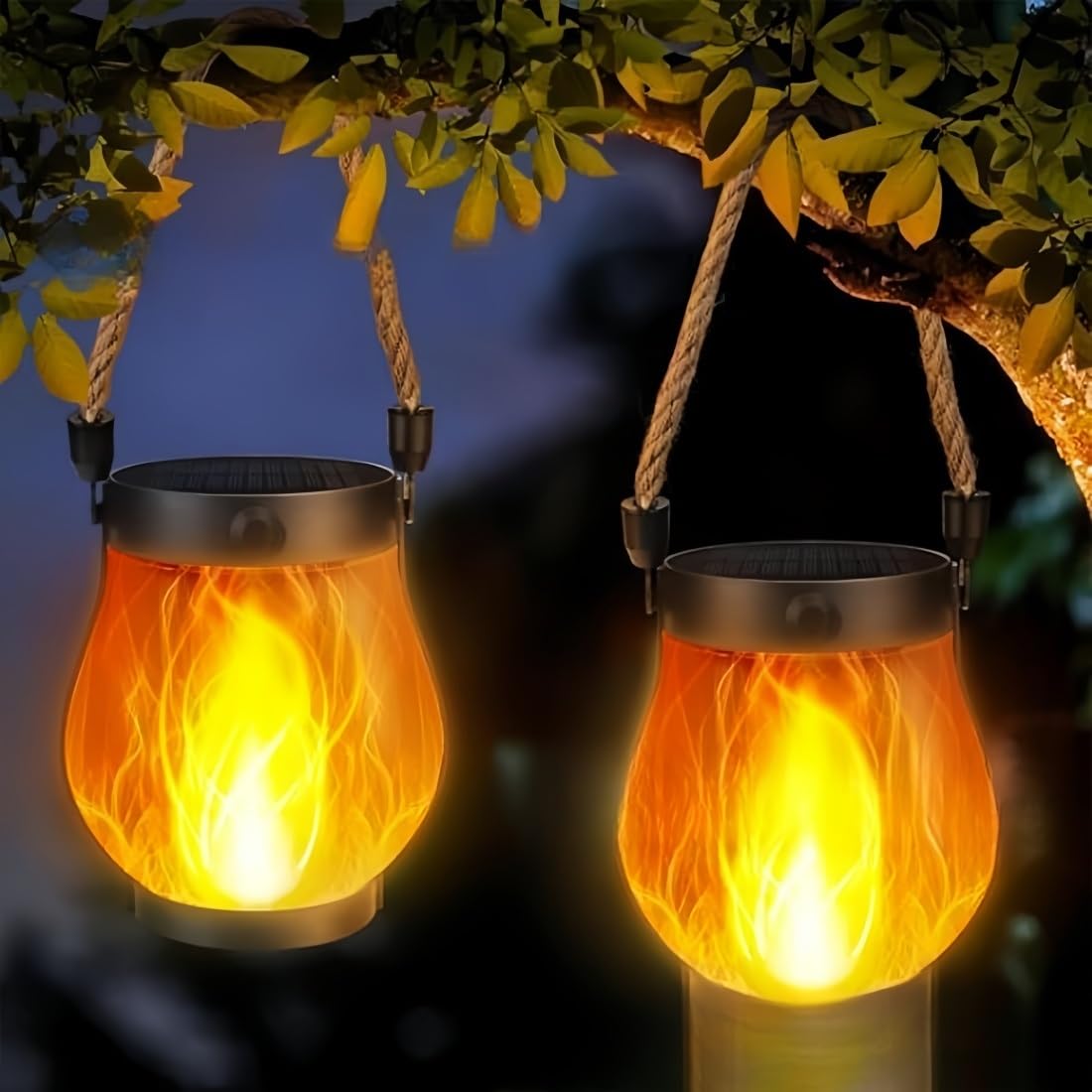 Solar-Laterne mit Flammeneffekt, Wasserdicht Solarlaterne für Außen Hängend | Halloween Laterne Outdoor für Außenbereich,Terrasse, Veranda, Realistische Flammeneffekte(Transparent,2 Stück)