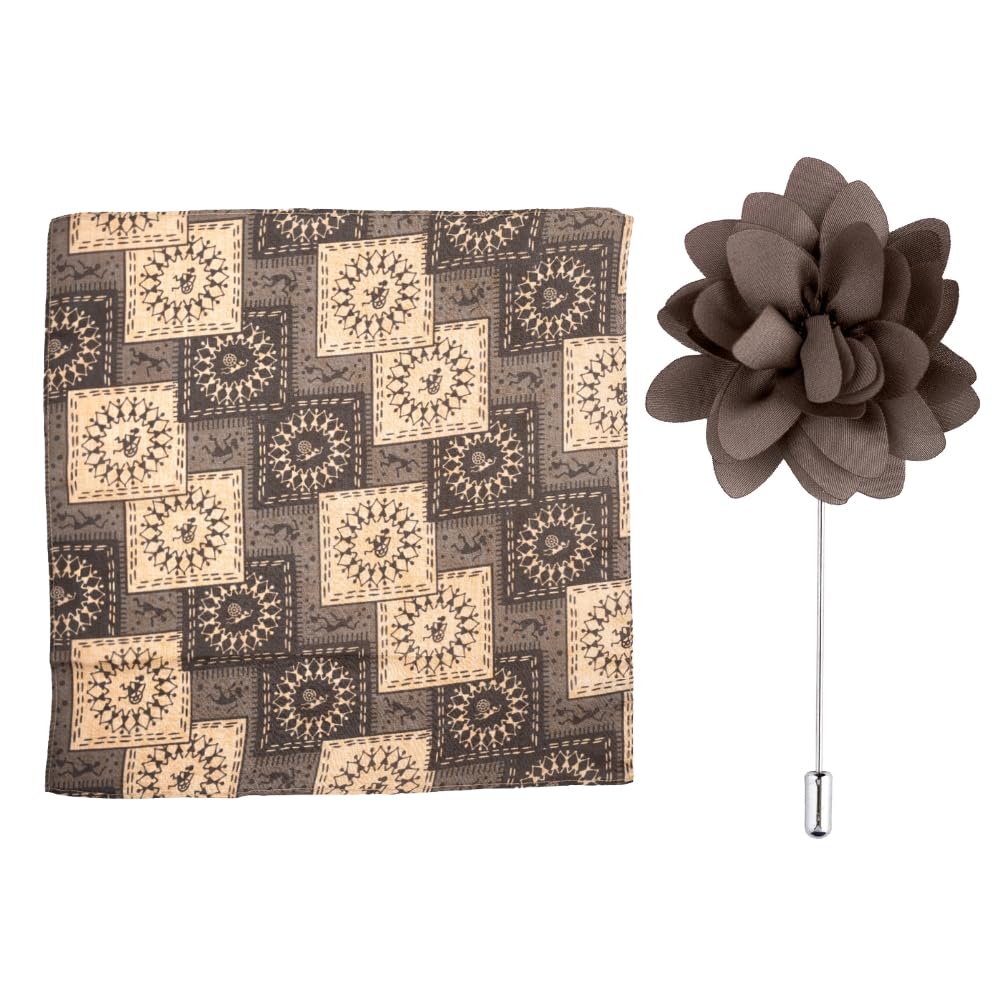 the tie hub Pocket Square and Lapel Pin Combo – Brown and Beige Patterned Pocket Square with Brown Floral Lapel Pin for Men-picture-46
