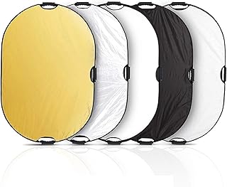 عاكس ضوء ريفليكتور للتصوير الفوتوغرافي – 90 × 120 سم، بيضاوي الشكل، قابل للطي، 5 في 1، مع أسطح: شفاف، فضي، ذهبي، أبيض، أسود، مع حقيبة – مثالي للاستوديو، الفيديو، البث المباشر.
