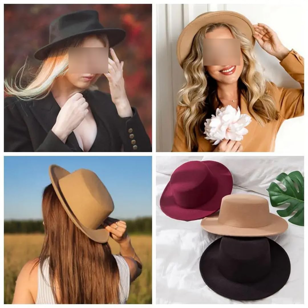 Suwequest Tinta unita Boater Fedora Cappello Autunno Inverno Imitazione Lana Bombetta Cappello Donne Uomini Flat Top Feltro Cap Elegante Lady Chapeu, 11 caffè, 55/58 cm