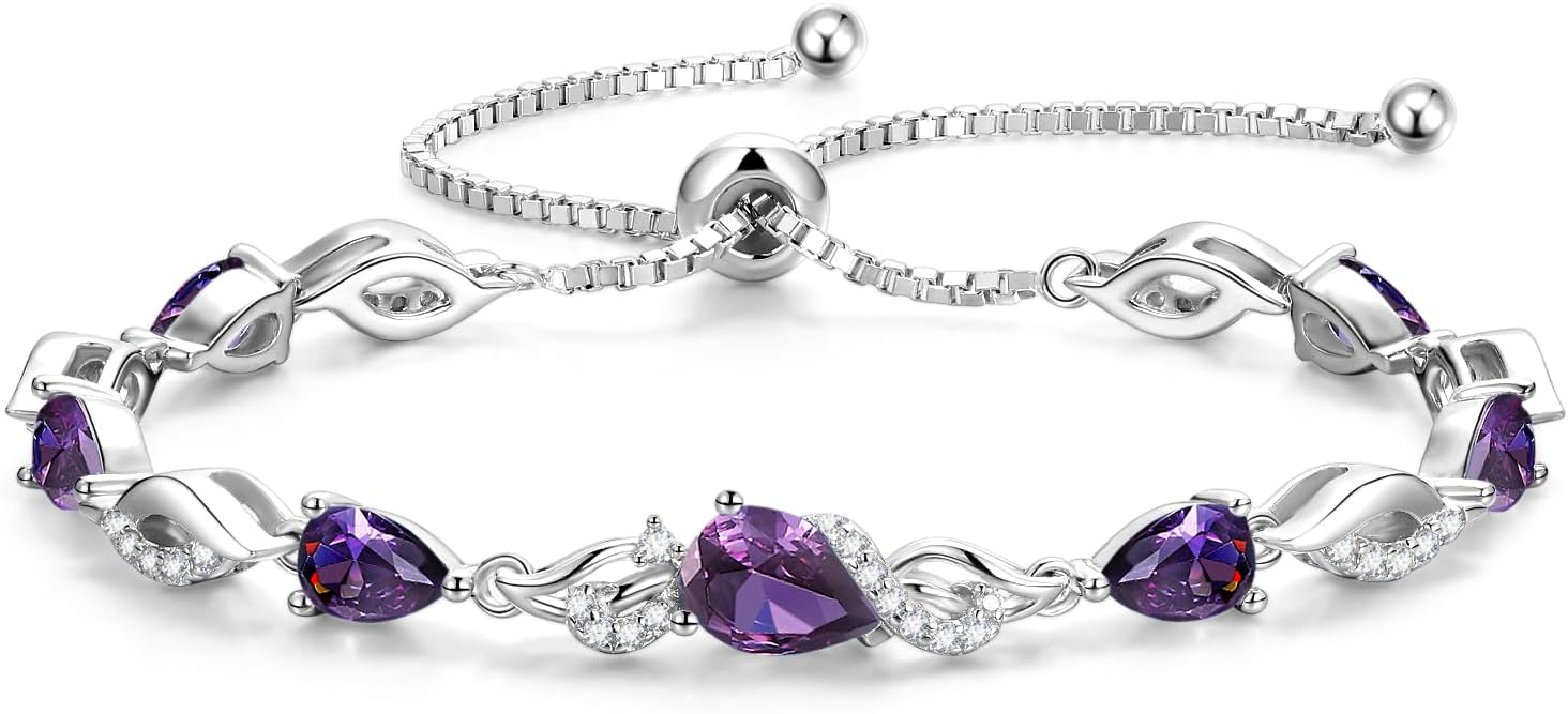 FANCIME Birthstone Teardrop Tennis Bracelet for Women, Sterling Silver 9x7mm main Gemstone Bolo Adjustable Chain Bracelet Fine Jewelry Birthday Gifts for Women Mom Wife Her