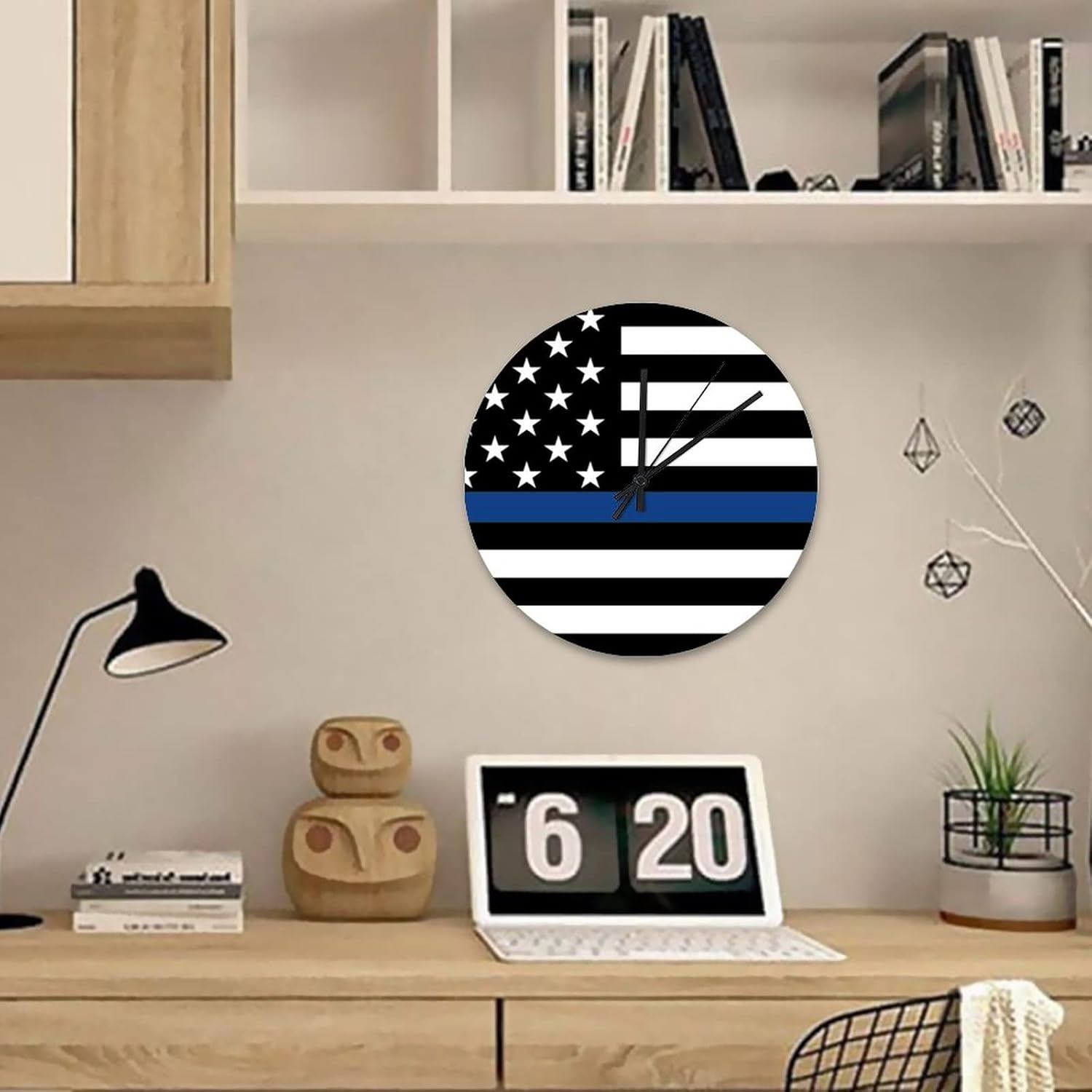 12 Inch Retro Vintage Thin Blue Line Black American Flag Clock Silent Non-Ticking Battery Operated Honoring Law Enforcement Officers Wooden Decorative Round Clock for Home Living Room
