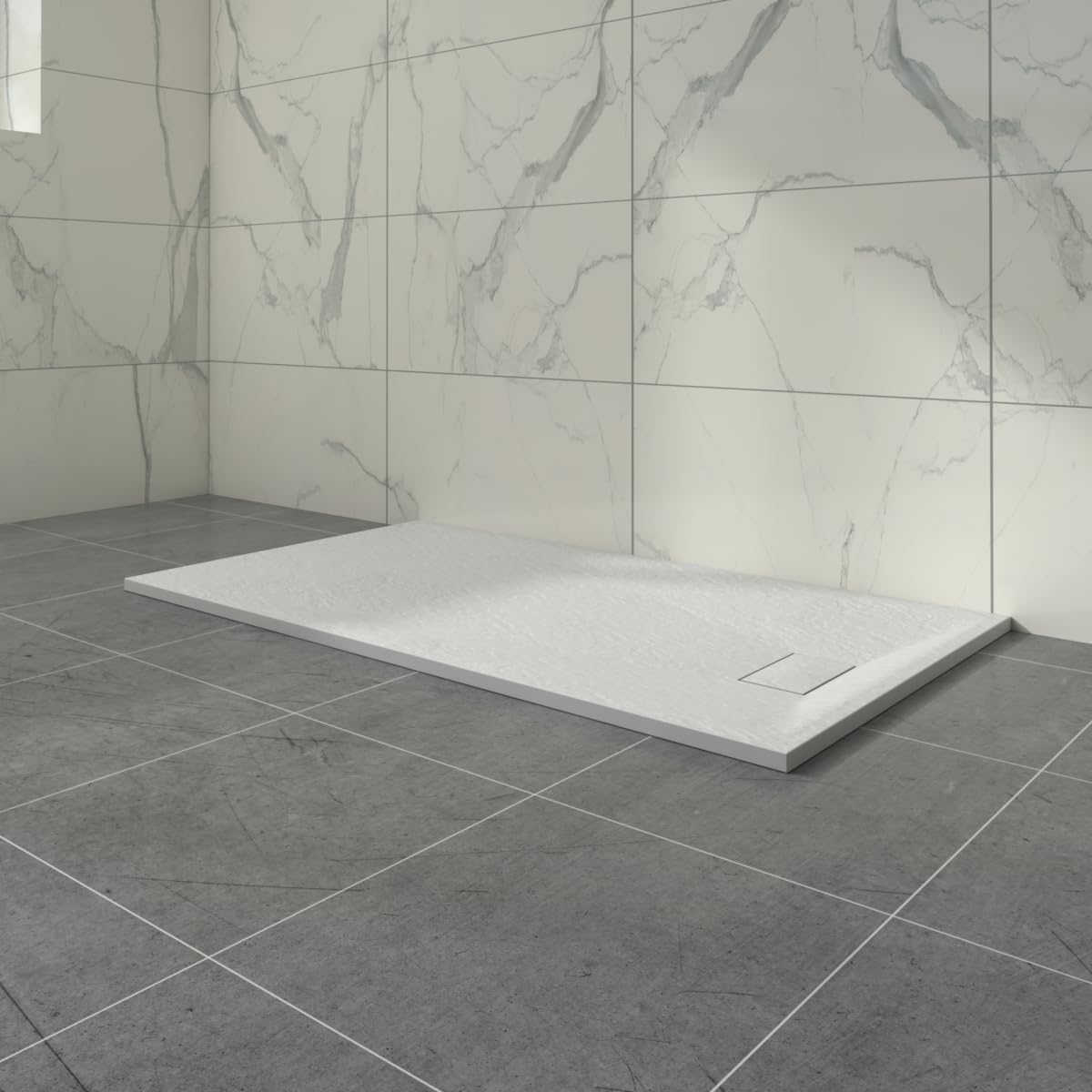 Aquariss White Rectangular Shower Tray Slate Effect SMC Slip-Resistant Shower Base for Bathroom Enclosures 1600x900mm with Waste