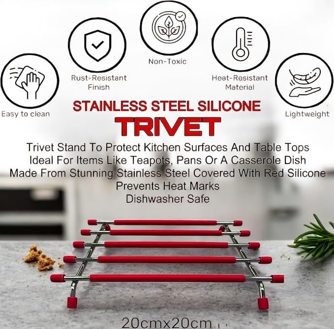 Pro Home Kitchen Trivet Stand Premium Worktop Saver Stainless Steel Stand Heat Resistant Anti Slip For Hot Cooking Pots & Pans (Red - Image 3