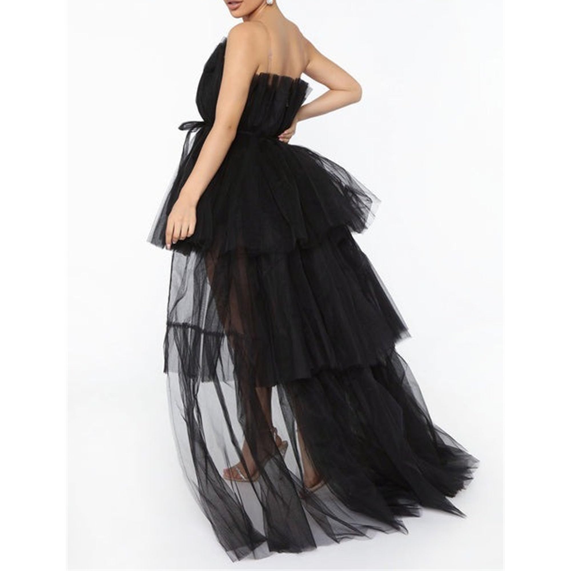 Women's Mesh Stylish Swing Prom Club Dress Backless Slim Fit Cocktail Party Dress Sleeveless Ruched Wedding Dresses (Black,Large)