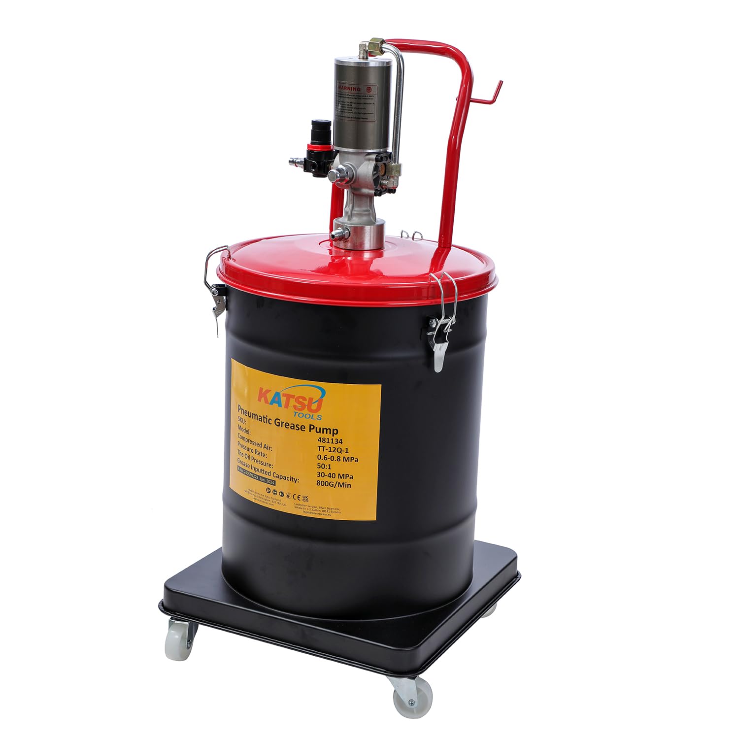 KATSU Tools Bomba de Grasa Neumática 40L Bomba de Engrase con Aire a Presión Dispensador de Pistola de Grasa de Aire Portátil con 12ft Manguera, 450 Bar, para Maquinaria de Automóviles y Camiones