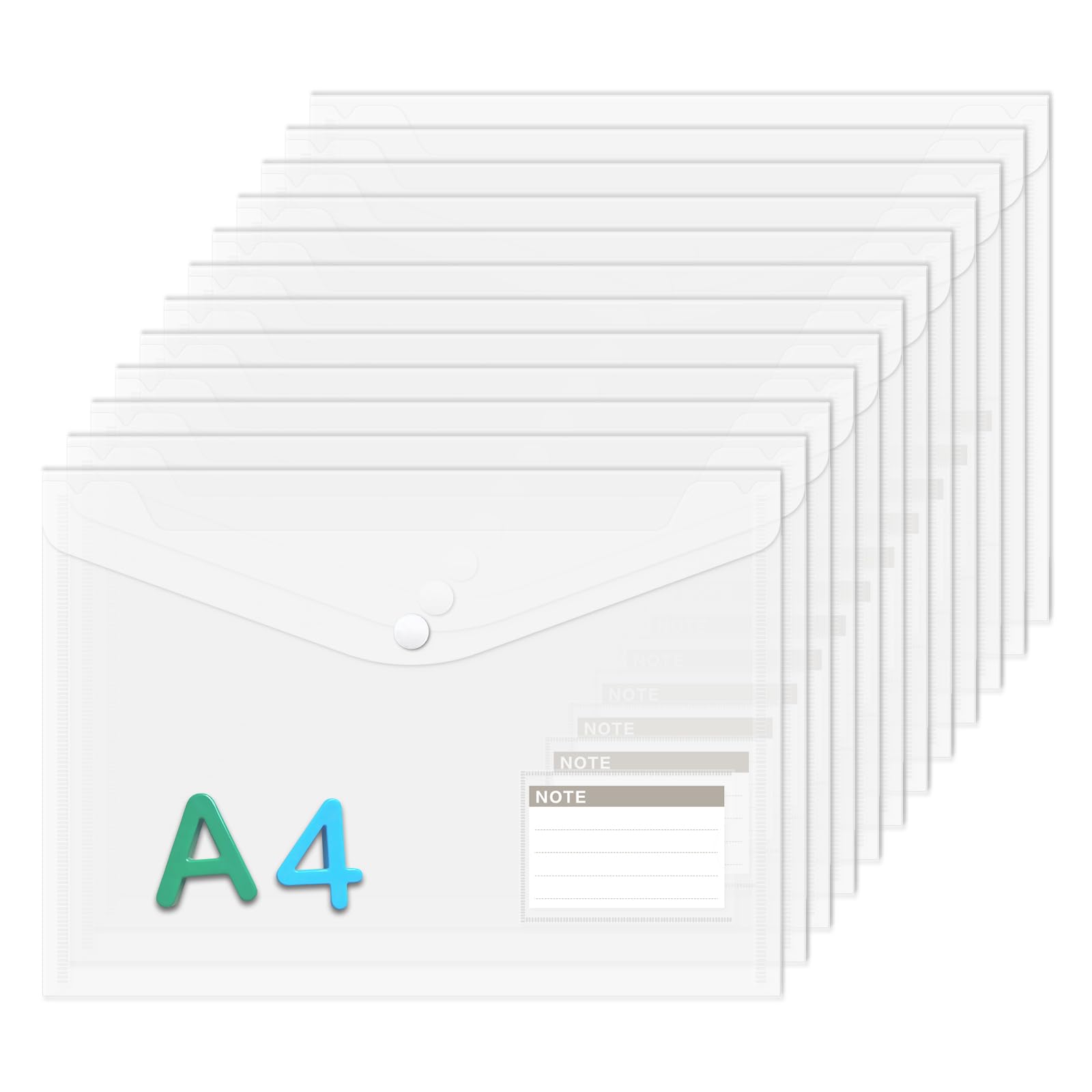 12Pack A4+ Plastic Wallets, A4 Documents Popper Wallet File Folders