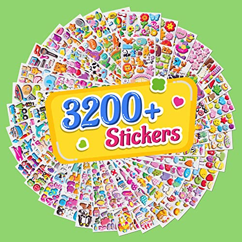 Stickers For Kids, 3D Puffy Stickers, 64 Different Sheets, 3200+ Stickers, Including Animals, Cars, Airplane, Food, Letters, Flowers, Pets, Cakes And Tons More #TOP5