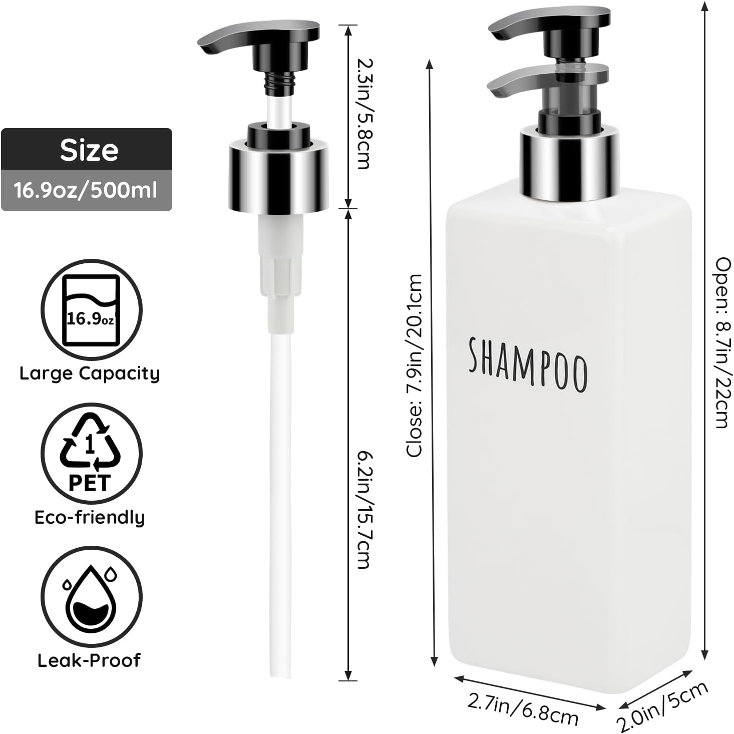 Segbeauty Plastic Shampoo and Conditioner Bottles, Set of 6 Refillable Bathroom Shampoo Dispenser Set, 16.9oz Empty Square Body Wash Dispenser for Shower Bathroom, Liquid Lotion Dispenser for Kitchen - Image 3