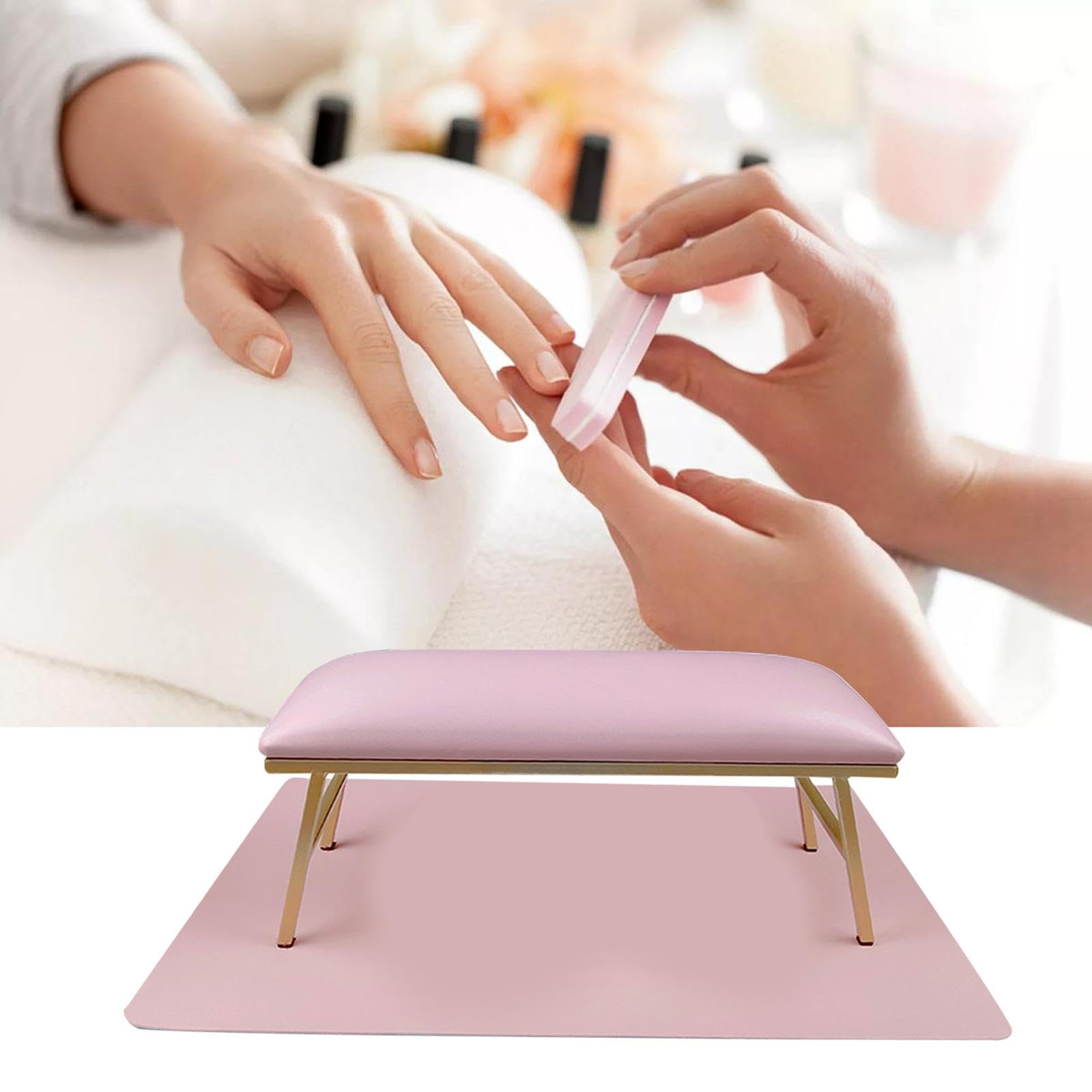 Almohada para Uñas Set Cojín Reposabrazos Tapete Manicura Relleno Suave Impermeable Estructura Metal Duradera Adecuada para Manicuristas Estudiantes, Rosado