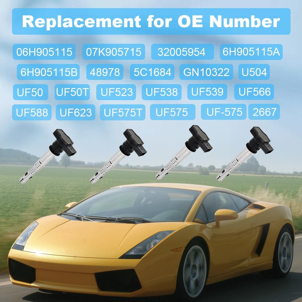 4-Pack Ignition Coil & Spark Plugs Kit Compatible with 2004-2013 Audi A3,​2005-2016 Audi A4,2010-2016 Audi Q5,​2005-2015 Volkswagen Jetta,​2009-2017 Tiguan Replacement for UF575 UF523