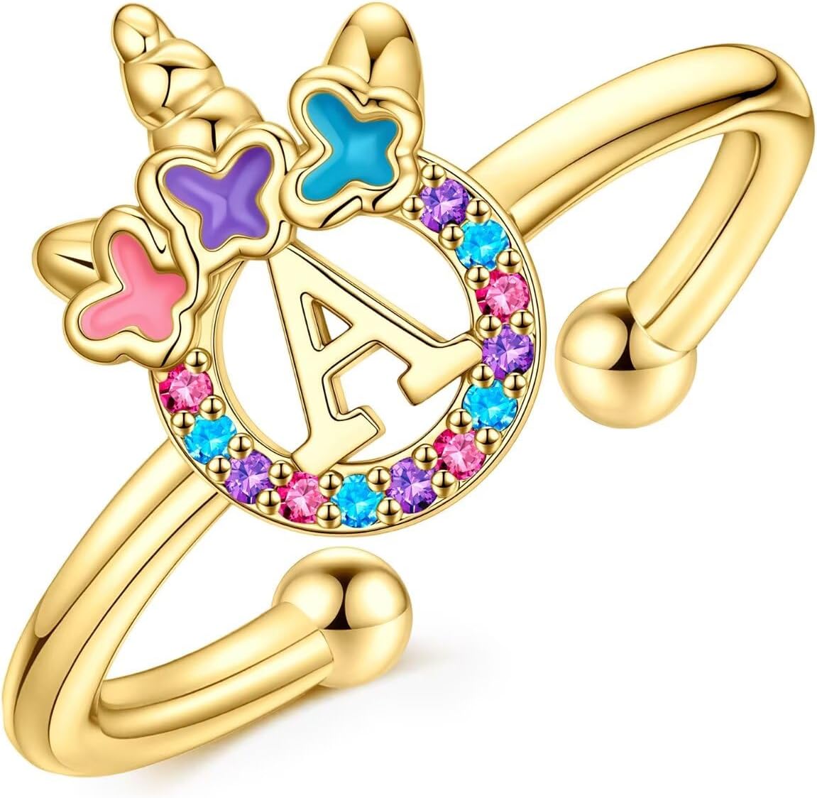MONOOC Unicorn Gifts for Kids Girls - Unicorn Rings for Girls Kids, Adjustable 14K-Gold-Plated Initial Ring Dainty Cute Unicorns Jewelry Birthday Gift for Girl Kid Little Girl Jewelry