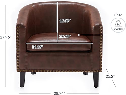 Miniatura 7 de BELLEZE Silla Accent Barrel, moderna silla tapizada para sala de estar, silla de piel sintética con ribete de cabeza de clavo dorado, patas negras,
