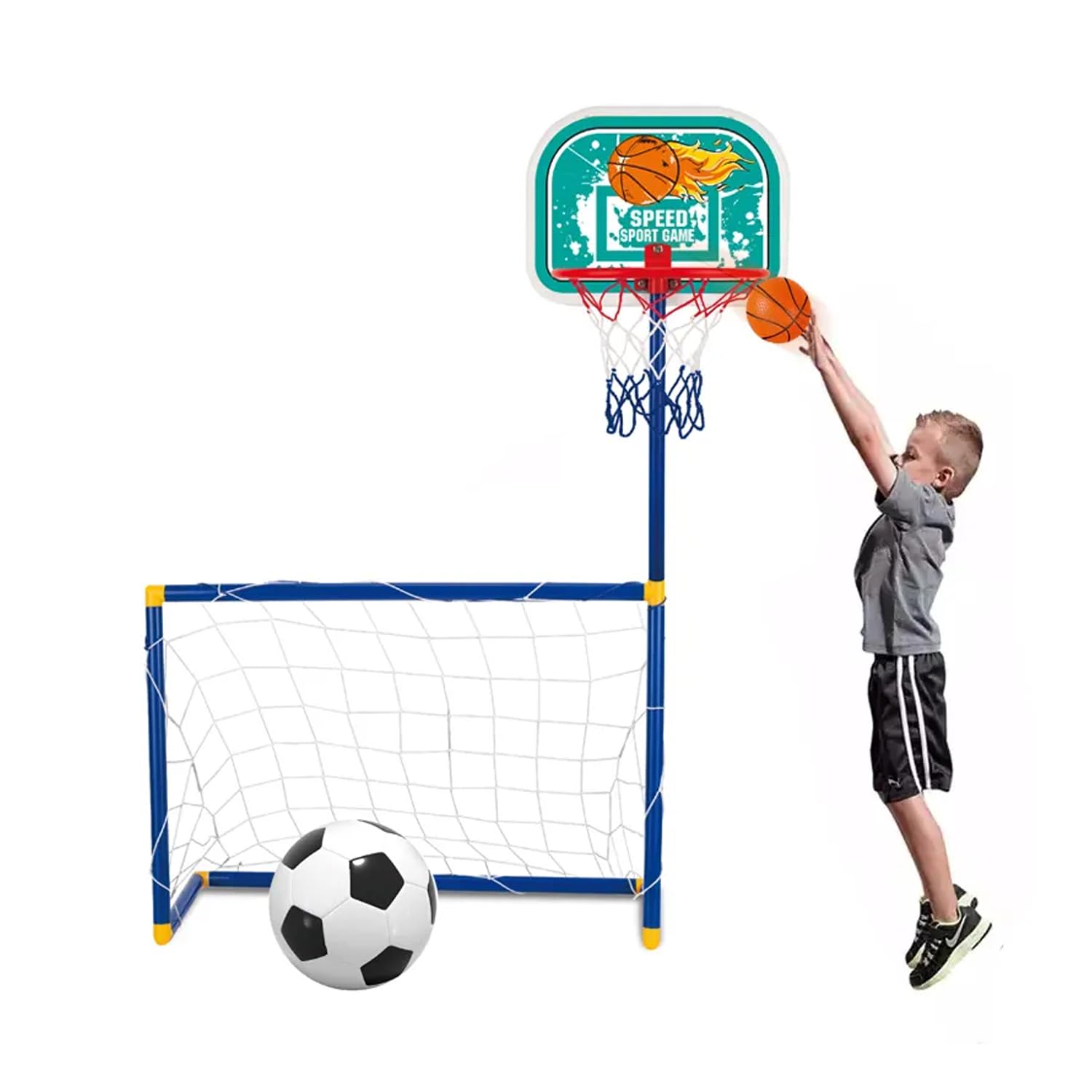 Dynamic 2-in-1 Kids Basketball Stand and Football Door Toy Set - Active Play, Exercise, Sporty Fun for Children