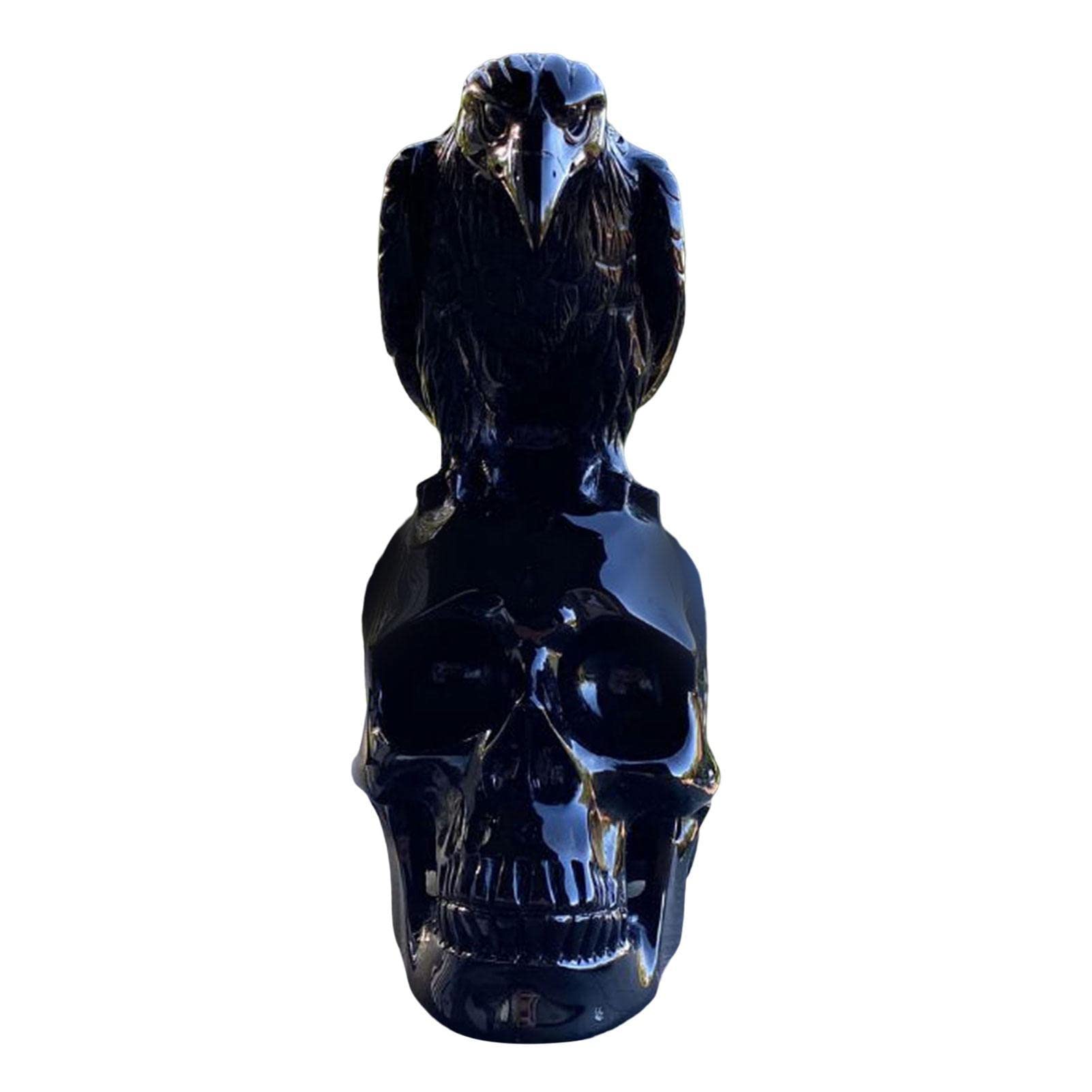 Bavokon Single Attribute Garden Statues, Gothic Crow Skull Sculptures, Black Crow Perching Skull Decorative Figurine, Flowers Skull Desktop Ornament