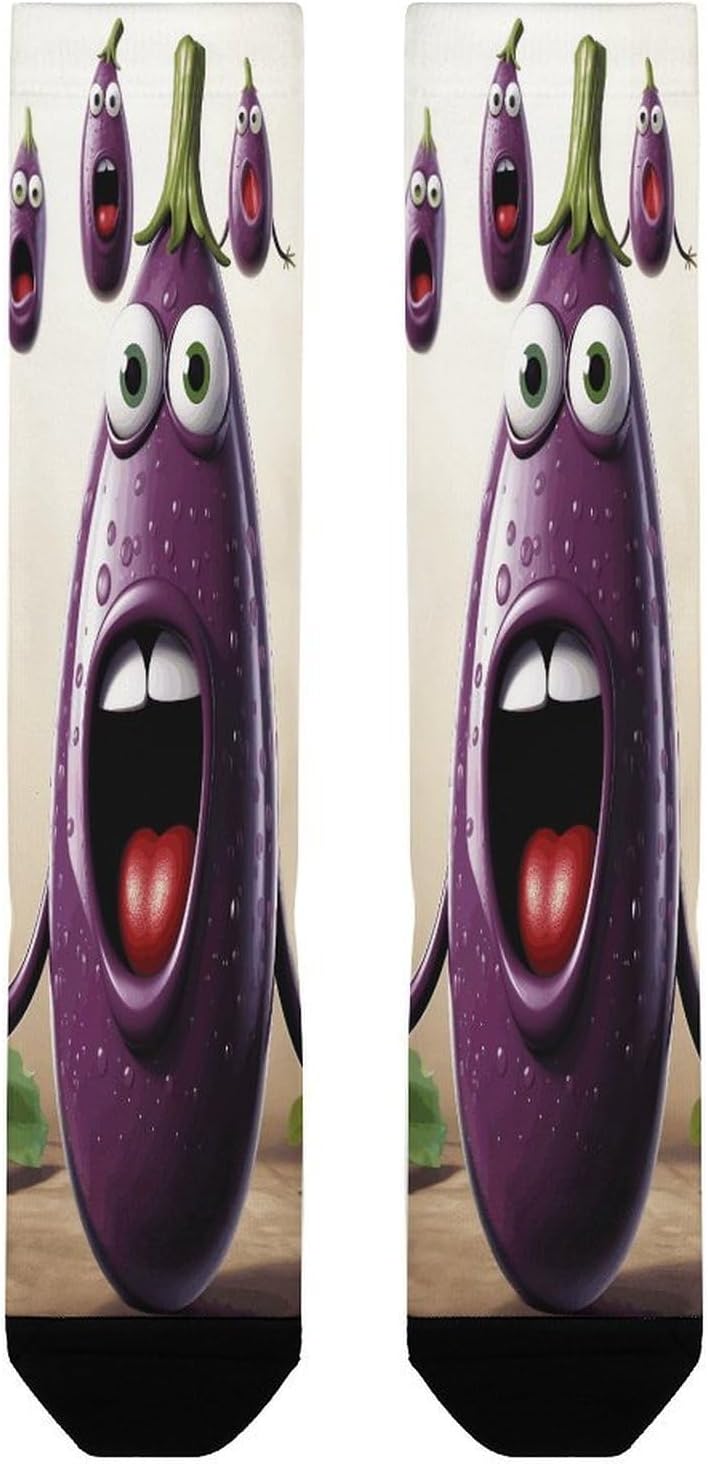 Cartoon Eggplant Mid-Calf Socks Women Warm Knee High Socks Cozy Hiking Skiing Soft Boot Mid Calf Stocking Unisex