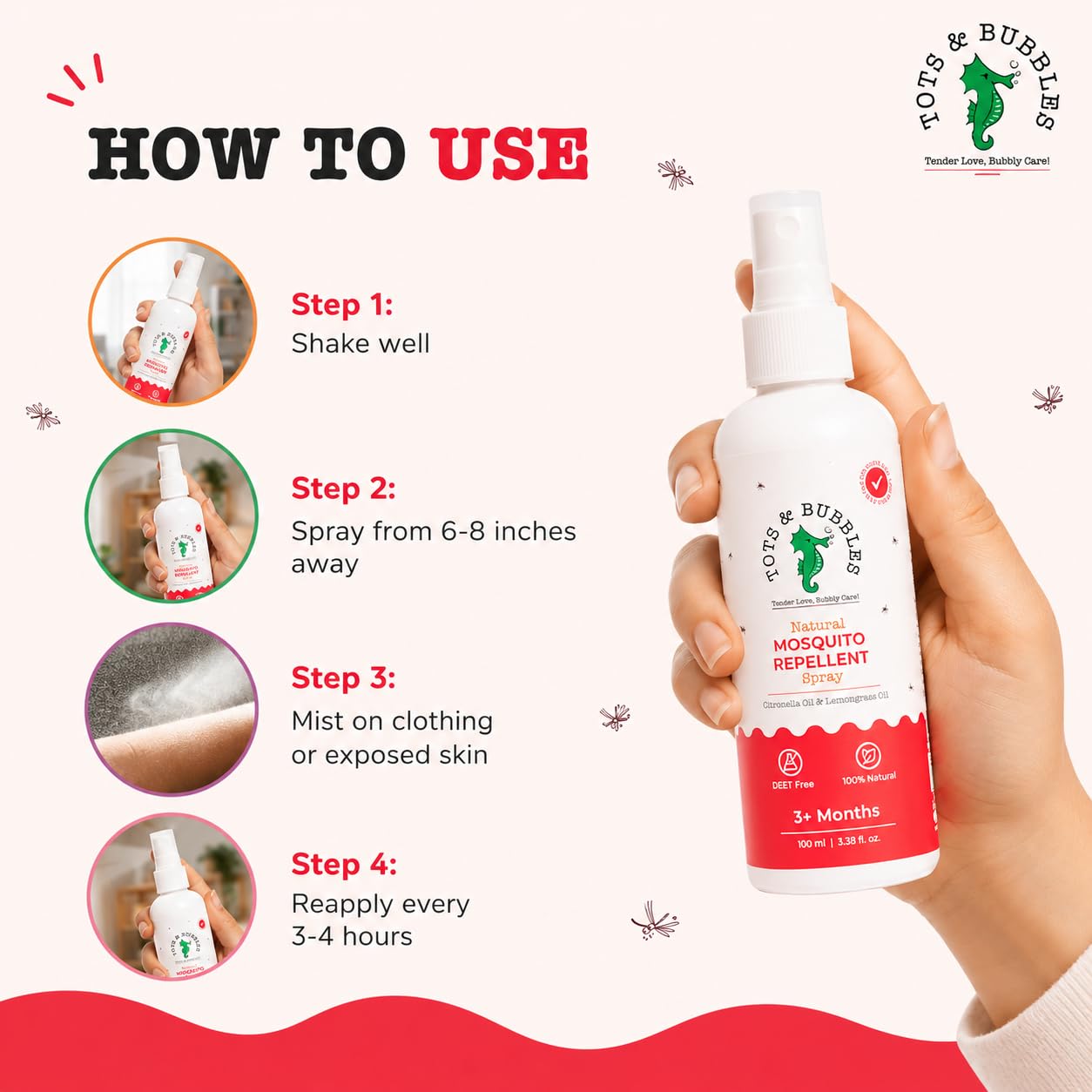 Tots & Bubbles Baby Safe Mosquito Repellent Spray (100ml) for Babies, Toddlers | Natural Protection with Citronella & Lemongrass Oils | DEET-Free, Skin Friendly Insect Spray for Indoor & Outdoor Use | Safe & Gentle on Baby and Mother (Pack of 1) 4