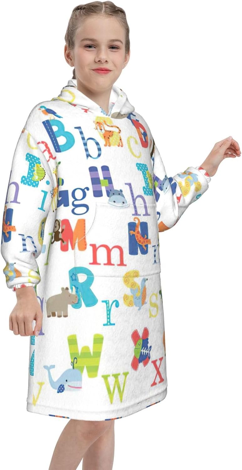 Animal Alphabet Print Oversized Blanket Hoodie, Wearable Blanket Hooded,Hooded Pullover With Pocket
