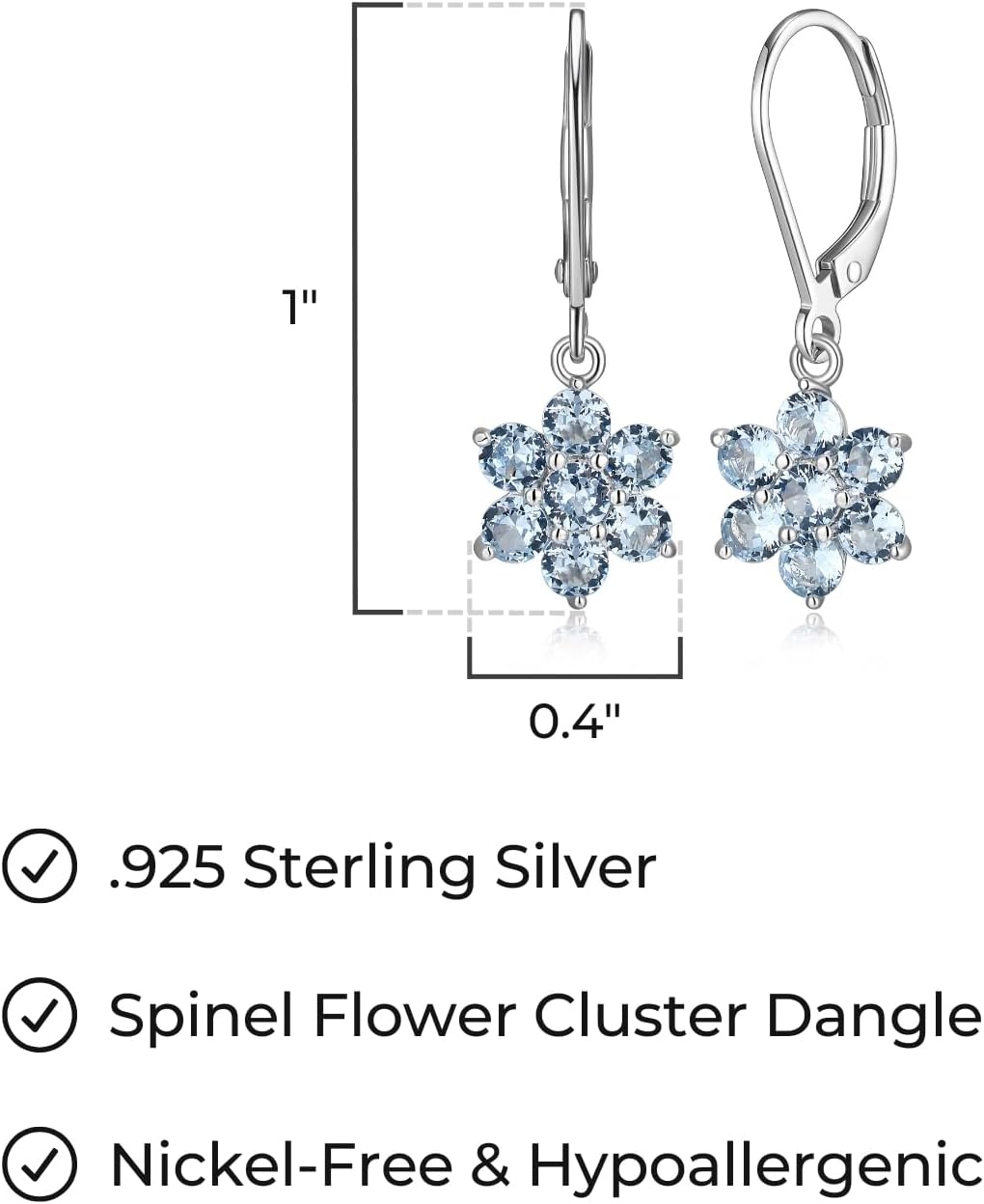 MORGAN & PAIGE .925 Sterling Silver Flower Cluster Leverback Dangle Drop Earrings for Women - Choice of Birthstone Elegant Gemstones Hypoallergenic Sterling Silver Earrings, Comfortable and Secure Fit