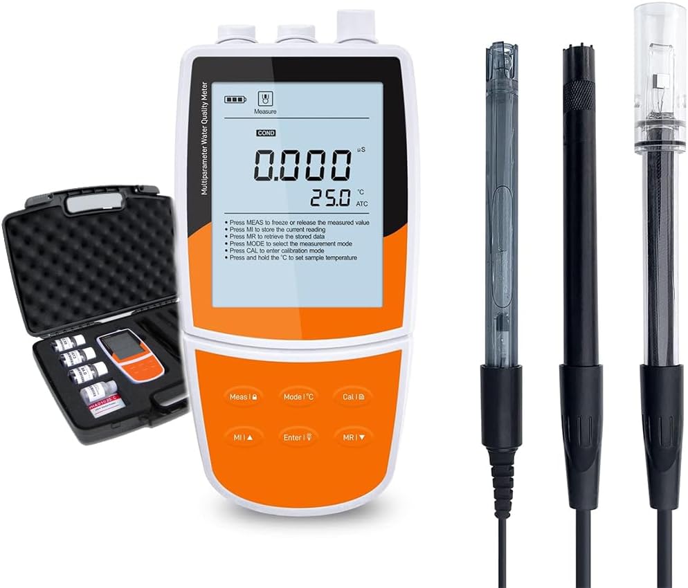 pH Ion Conductivity Dissolved Oxygen Meter Multiparameter Water Quality Tester with Calibration Fluid Range -2.000 to 20.000 pH and -1999.9 to 1999.9 mV Stores 500 Groups Data