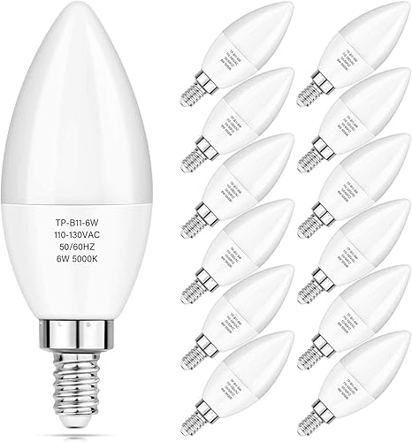MAXvolador Paquete de 12 bombillas LED E12 para candelabro equivalente a 60 W, 6 W, 600 LM, bombilla de araña de 5000 K, lámpara de vela B11 con