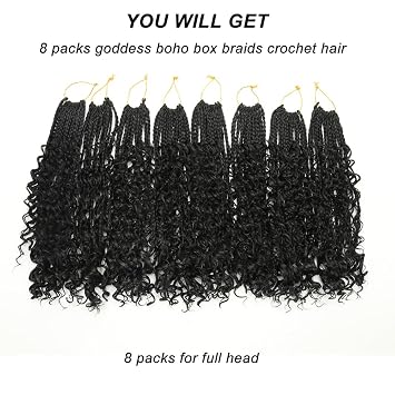 Goddess Box Braids Crochet Hair 8 Packs Box Braids Crochet Hair for Black Women Ombre Color Pre-Looped Synthetic Braiding Hair Extension for Black Women(14,8packs,1B)