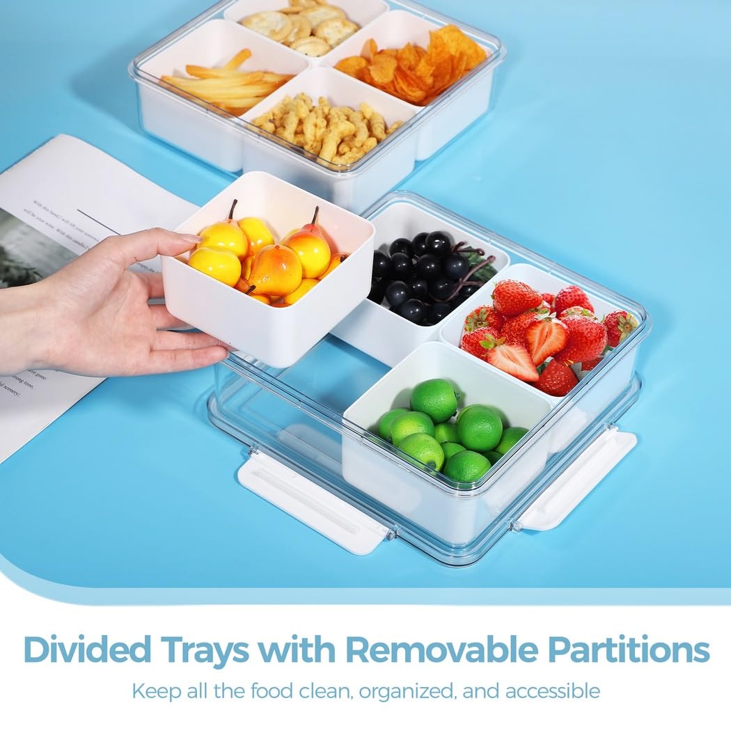 Juego de 2 bandejas para verduras con tapas y 4 compartimentos extraíbles, recipientes cuadrados apilables para frutas, verduras, aperitivos, ensaladas y organización de refrigerador