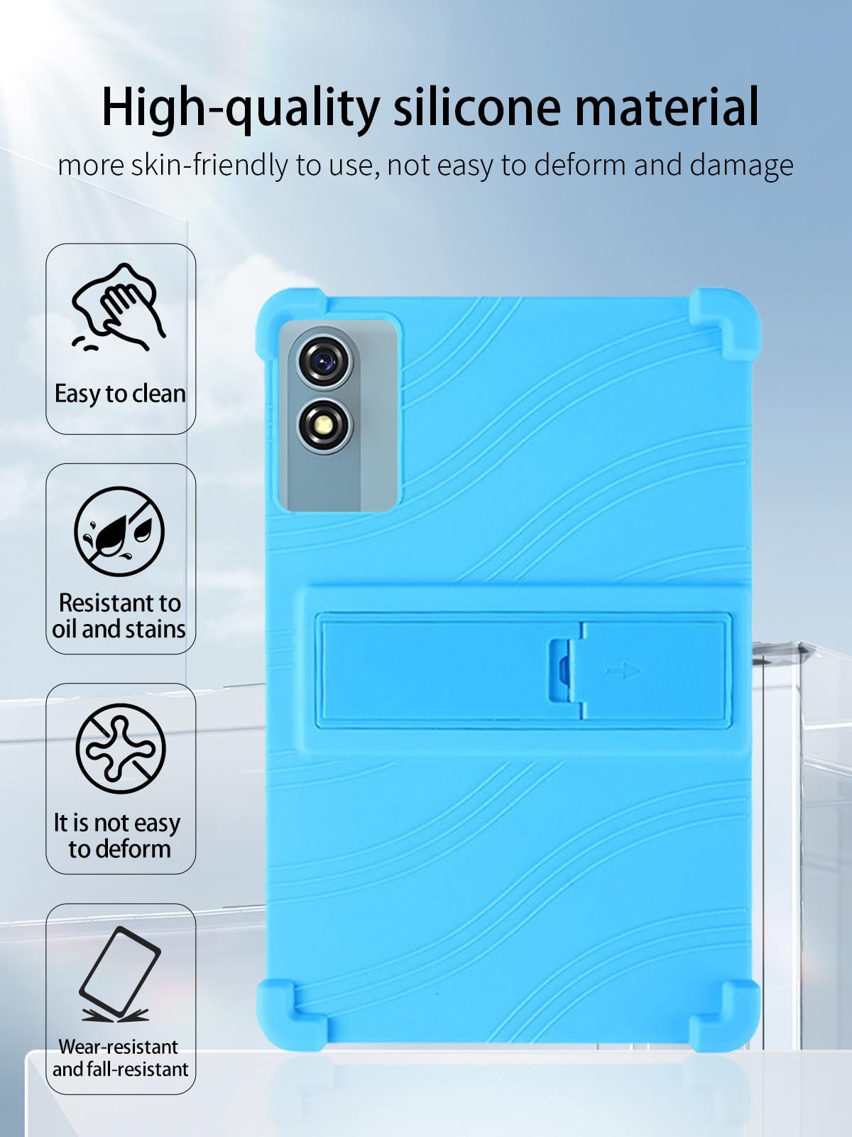 Funda para tablet HISORL T901 Android 15, de 10 pulgadas, silicona suave, ajustable, ligera, apta para niños, azul cielo.