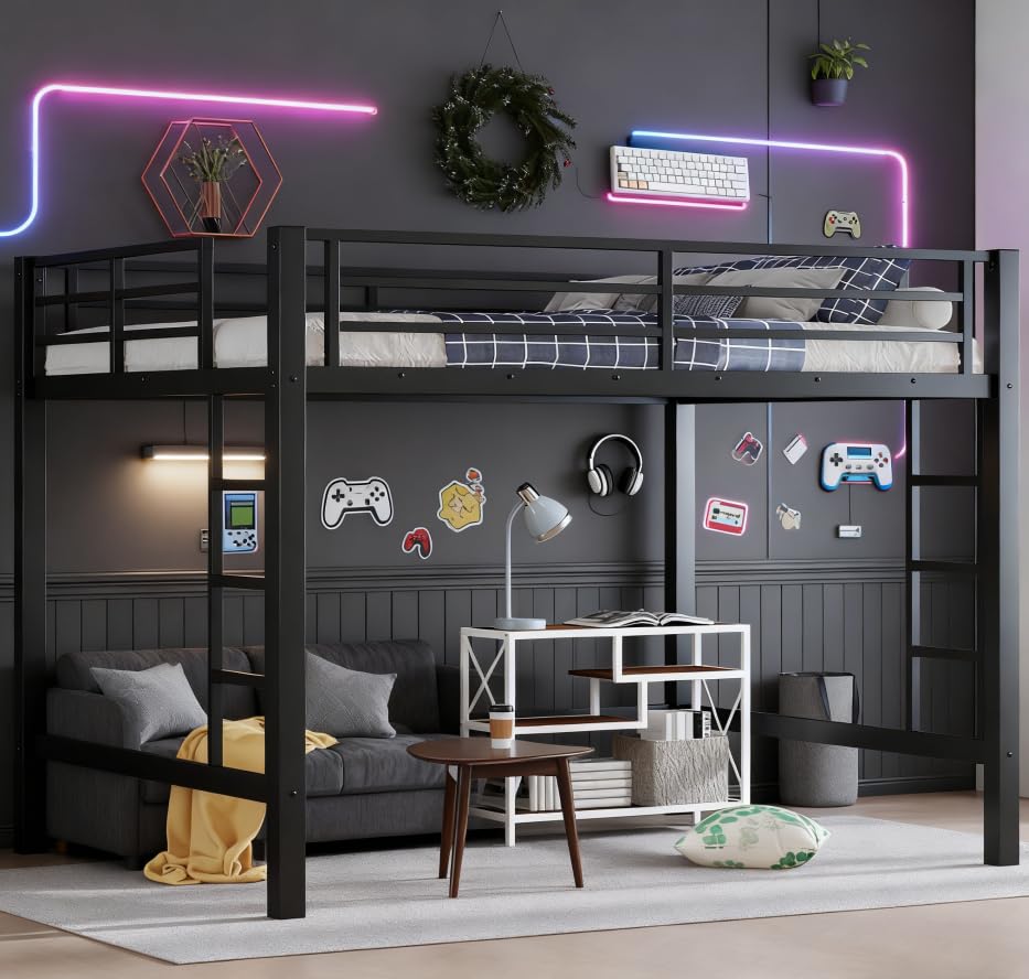 Bellemave Queen Size Loft Bed with 2 Ladder and Guardrails Metal Loft Bed Frame for Adults Kids Teens Black