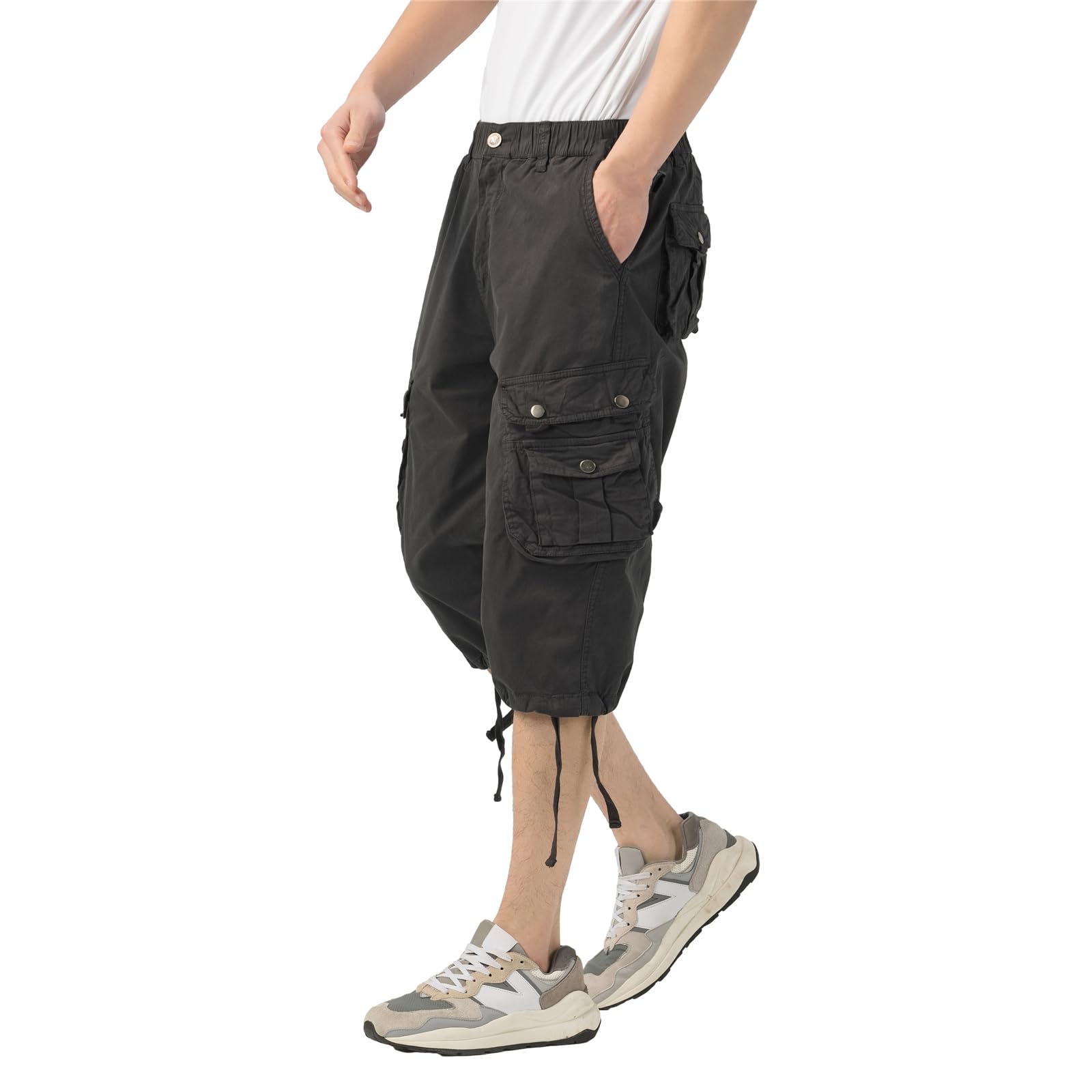 DGWZ Mens Long Cargo Shorts Below Knee 3/4 Stretch Twill Cotton Relaxed Fit Elastic Waist Cargo Shorts for Men