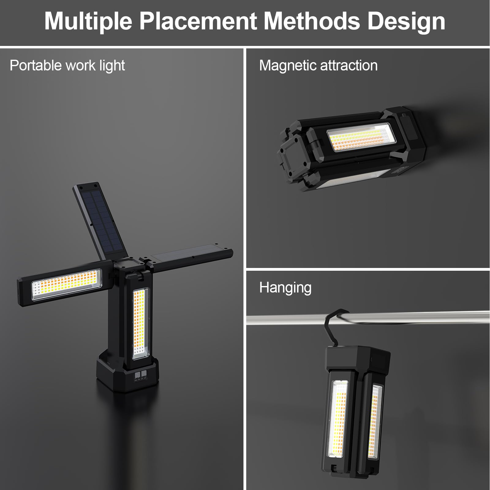 Lampada da lavoro a energia solare ricaricabile da 13200 mAh, con supporto pieghevole e borsa per il trasporto, dimmerabile continuamente, bianco/caldo/bianco naturale/rosso (SOS) con