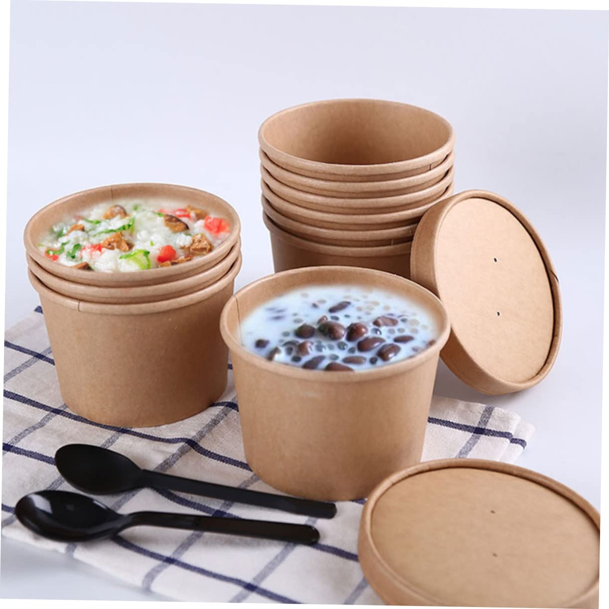 GLEAVI 40Pcs Paper Cup Lids for Takeaway Boxes Kitchen Utensil Covers for Porridge Soup Dessert and More for Parties and Home Use