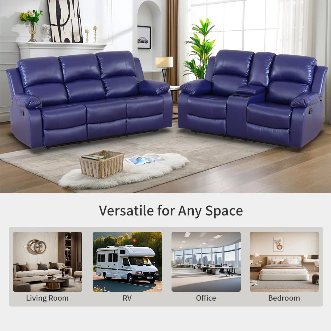 Toseslo Living Room Furniture Sets, Manual Reclining Sofa and Lovseat Set with Drop-Down Table, Leather Recliner Couch Sets, Recliner Sofa with Storage Console/Cup Holder for Home/Apartment(Blue) view 6