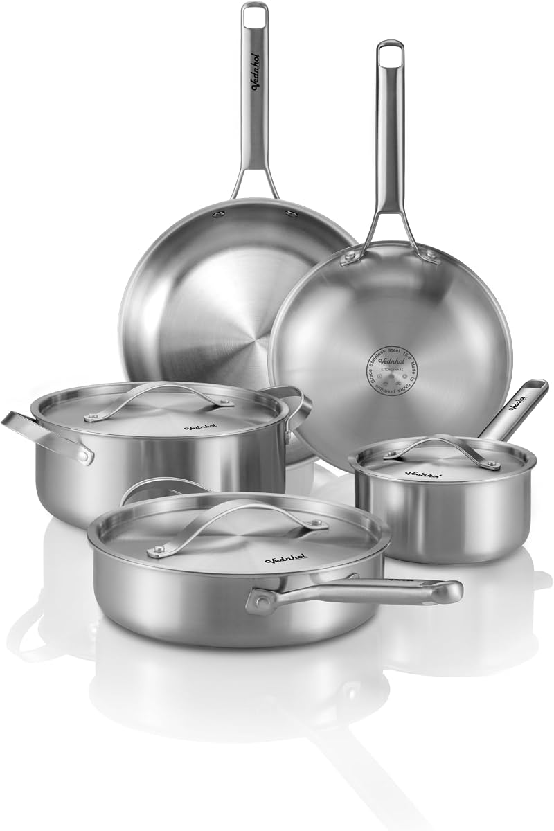 Juego de utensilios de cocina de acero inoxidable, juego de ollas y sartenes Tir-Ply de 8 piezas, libre de PFOA y PTFE, apto para lavavajillas y horno, compatible con inducción de cocina, ollas de acero inoxidable para cocinar