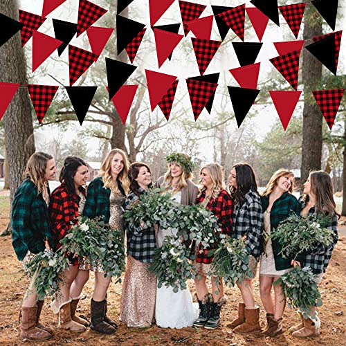Image of 39 Ft Buffalo Plaid Christmas Pennant Banner Black Red Checkered Paper Hanging Triangle Flag Bunting Garland for Birthday Bridal Shower Bachelorette Xmas Holiday Party Decorations Supplies