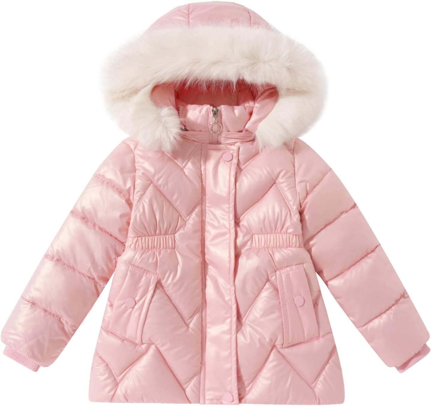 SEAUR Girl's Fleece Jackets Hooded Faux Fur Trim Winter Shiny Coat Long Sleeve Padded Outwear Snow Puffer Jackets 3-9T