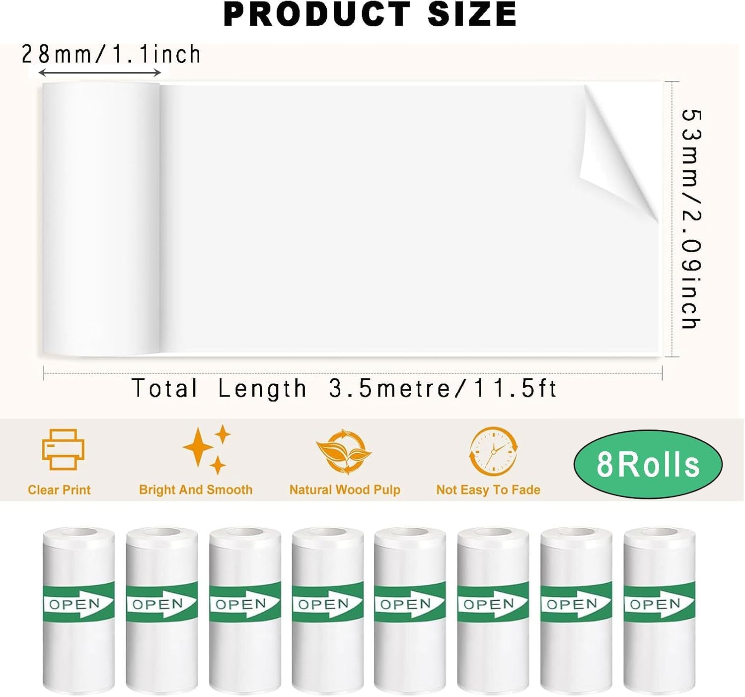 Mini papel adhesivo para impresora, 8 rollos de 53 x 28 mm, etiqueta térmica continua para etiquetadora portátil INVISEN (etiqueta autoadhesiva blanca para notas de estudio, imágenes