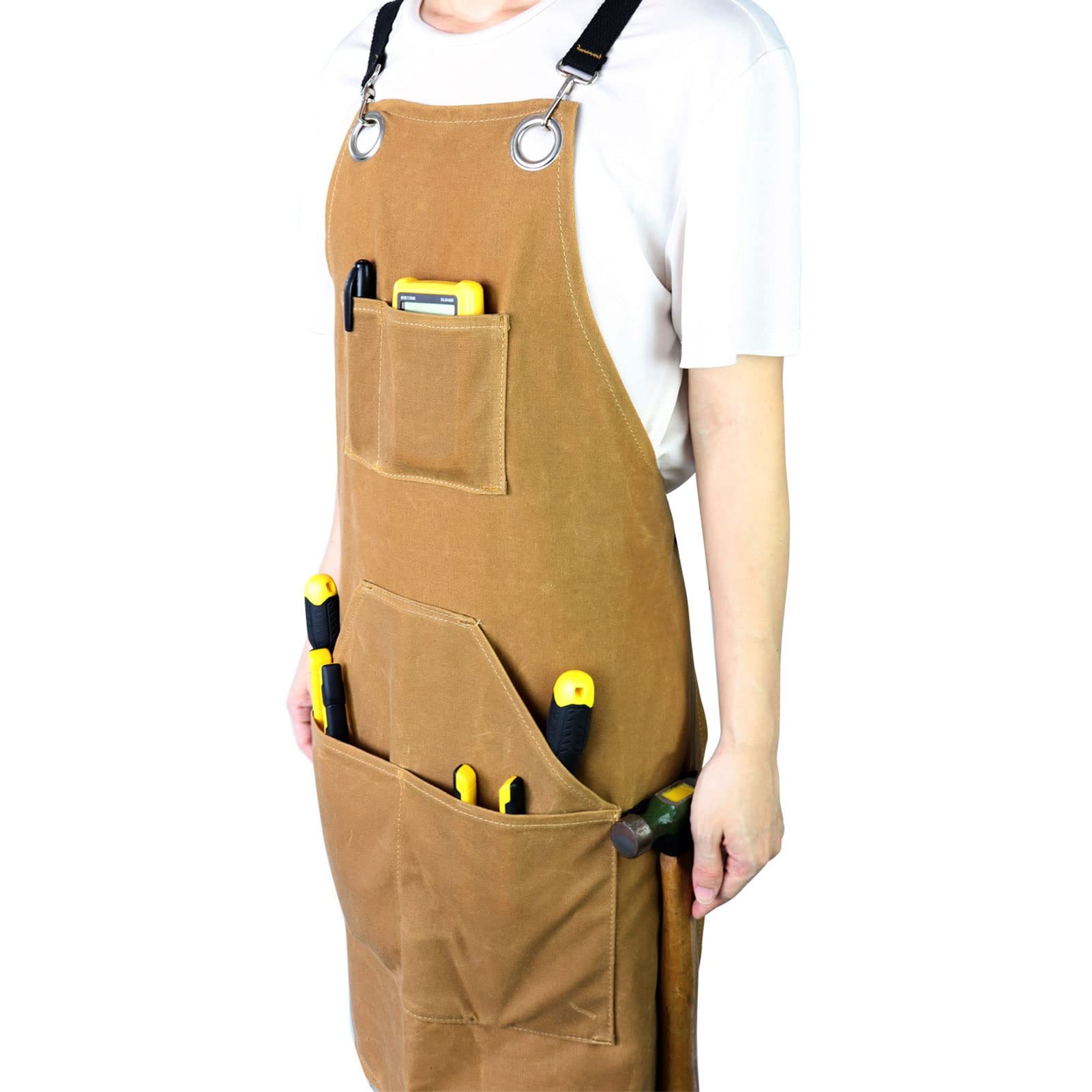 Delantal de Lona para Cocina, Delantal Ajustable con Bolsillos para Mujeres Hombres Diseño de la Cruz Trasera para Hornear, Restaurante, Jardinería, Barbacoa (Color : Brown, Size : XL)