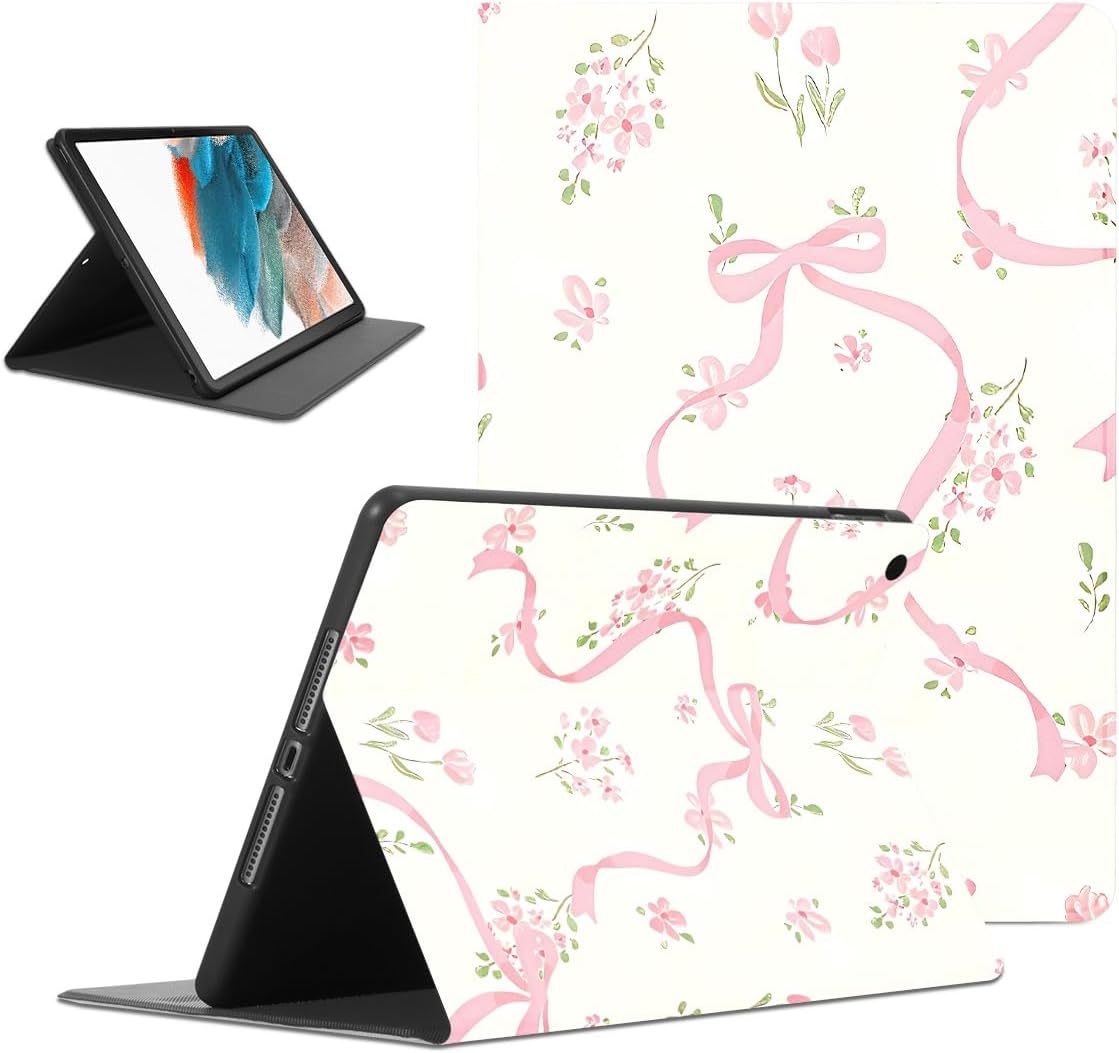 Pink Roses Pattern Tablet Case for Samsung Galaxy Tab A7 2020 SM-T500,T505,T507 10.4'', Flowers Print Bow Knot Pattern Design Cover for Boy Girl, Protective Funda Flip PU Leather Cases Adjustable