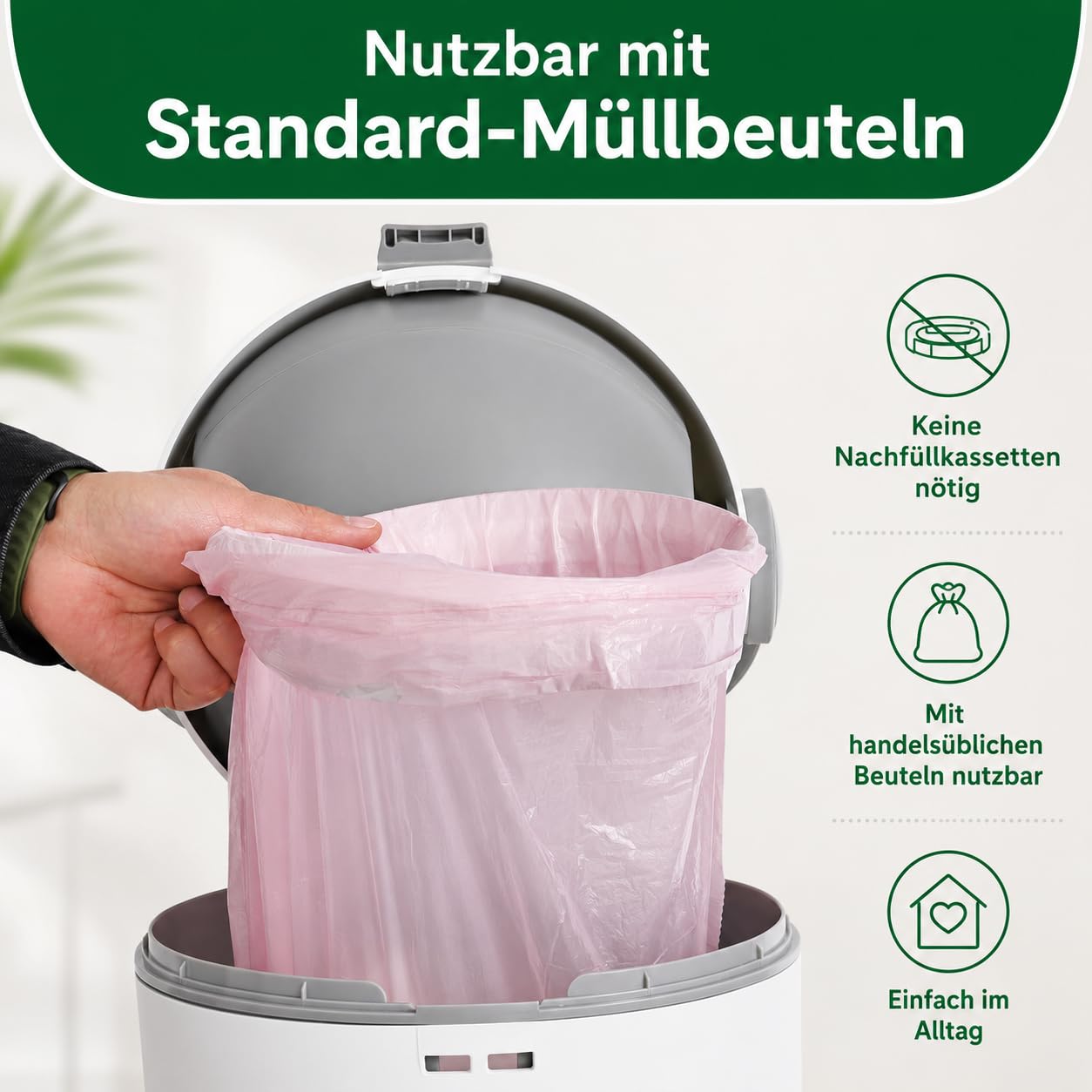 Windeleimer 12L mit Geruchsschutz, Windelmülleimer mit Einhand-Bedienung, ohne Nachfüllkassetten für normale Müllbeutel, Bären-Design in Weiß/Grau für Babyzimmer und Bad
