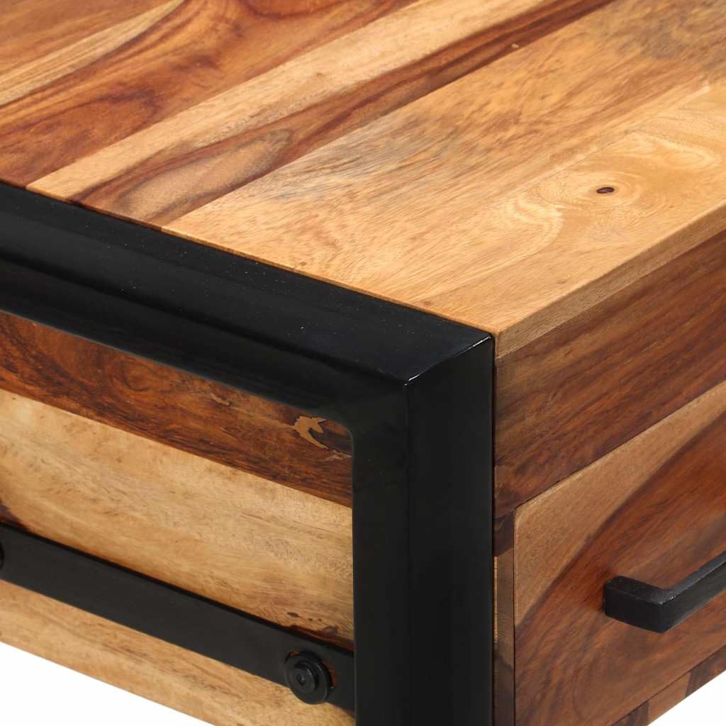 Biurko z litego drewna akacjowego 110 x 50 x 77 cm z 2 szufladami, malowana proszkowo rama stalowa, miejsce do przechowywania i półka, ergonomiczne do biura, biura domowego, pokoju dziecięcego