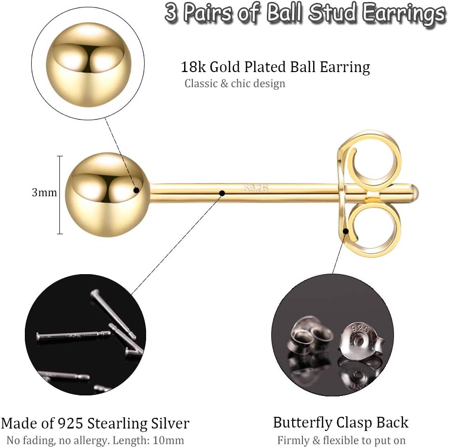 EPIRORA Sterling Silver Stud Earrings for Women Men- 3 Pairs 3mm Tiny Ball Stud Earrings Round CZ Earrings Pearl Earrings Set Cartilage Small Tragus Earrings - Image 2