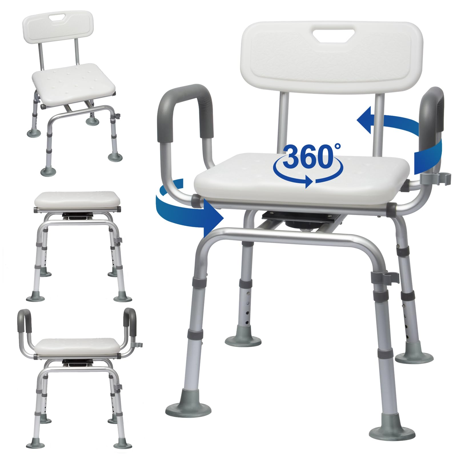 Silla de ducha giratoria de 360° con respaldo y reposabrazos, almohadillas giratorias resistentes al frío, soporta hasta 154 kg, montaje sin herramientas, ideal para la ducha interior.