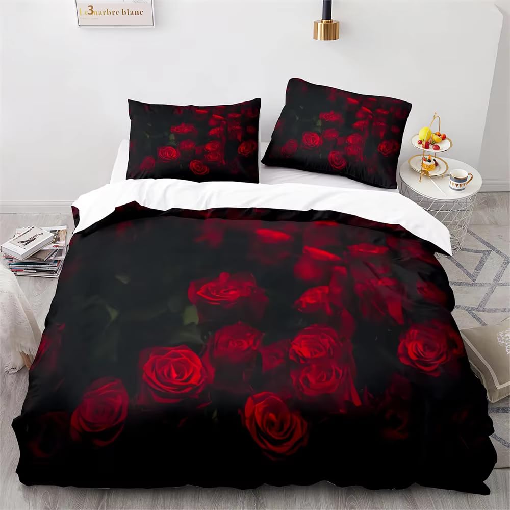 Housse de couette rouge à motif floral pour lit 135x200 cm avec sa taie d'oreiller assortie